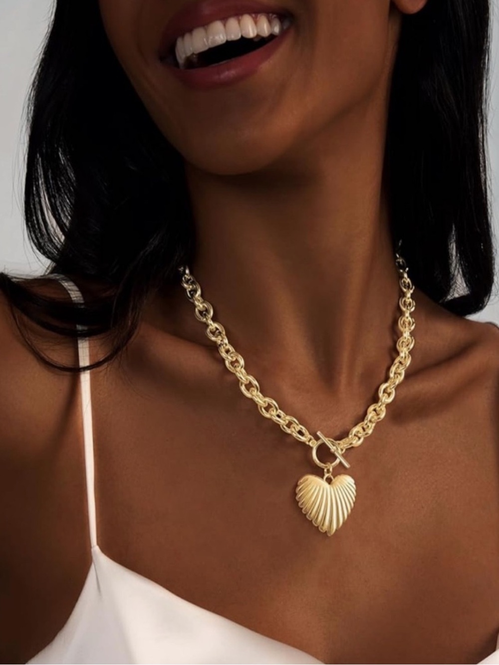 Anthropologie Shimmering Gold Heart Pendant on Chunky Chain